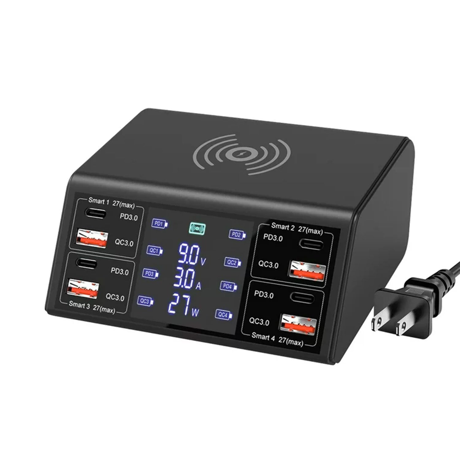 100W 8-PORT CHARGING STATION FOR MULTIPLE DEVICES WITH 4 USB QC 3.0+4 TYPE-C PD PORTS WIRELESS MULTI FAST CHARGING HUB.