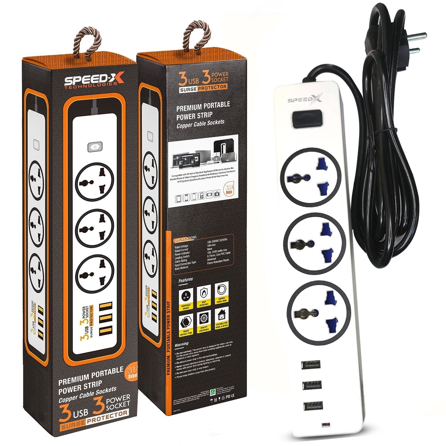 303pu Speed-X Premium Portable Power Strip 3socket+3usb Port CABEL LENGTH 2M.