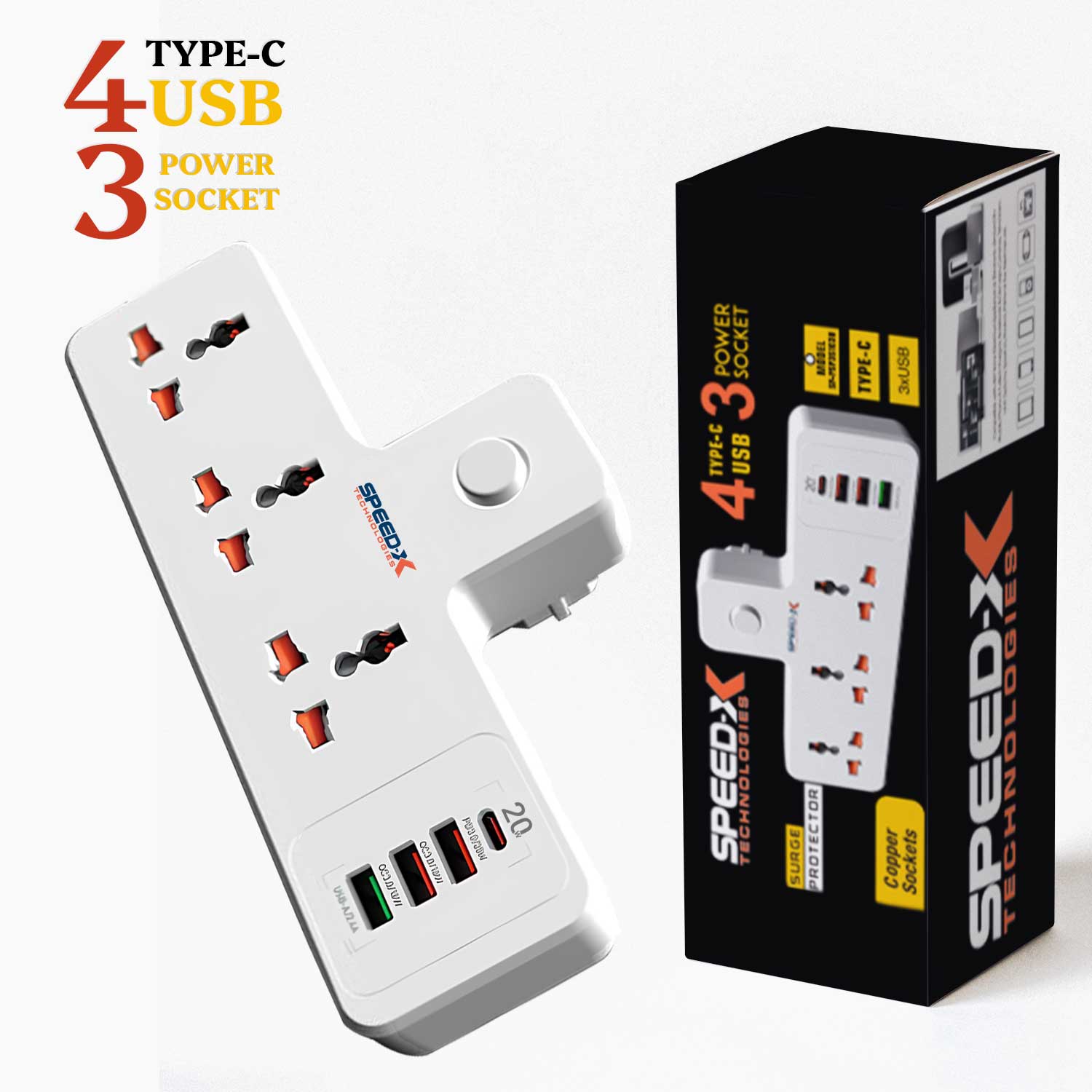 New 304PUC Speed-X Premium Portable Power Strip 3socket+3usb+1TYPE-C Port.
