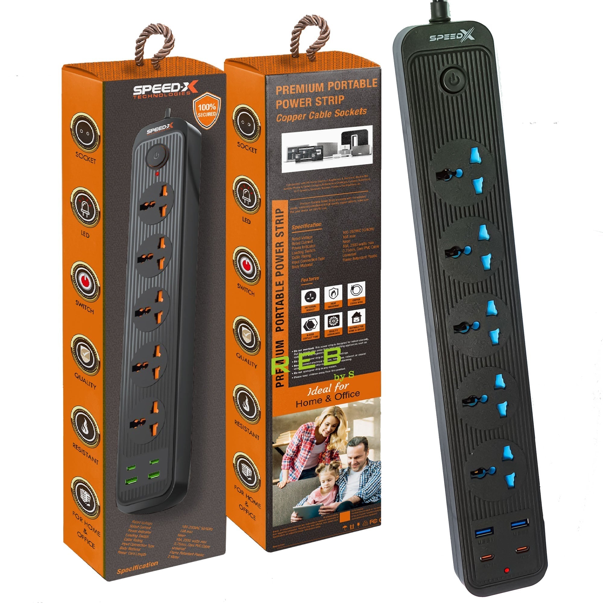 504pu Speed-X Premium Portable Power Strip 5socket+2usb Port+2 TYPE C USB CABEL LENGTH 2M.