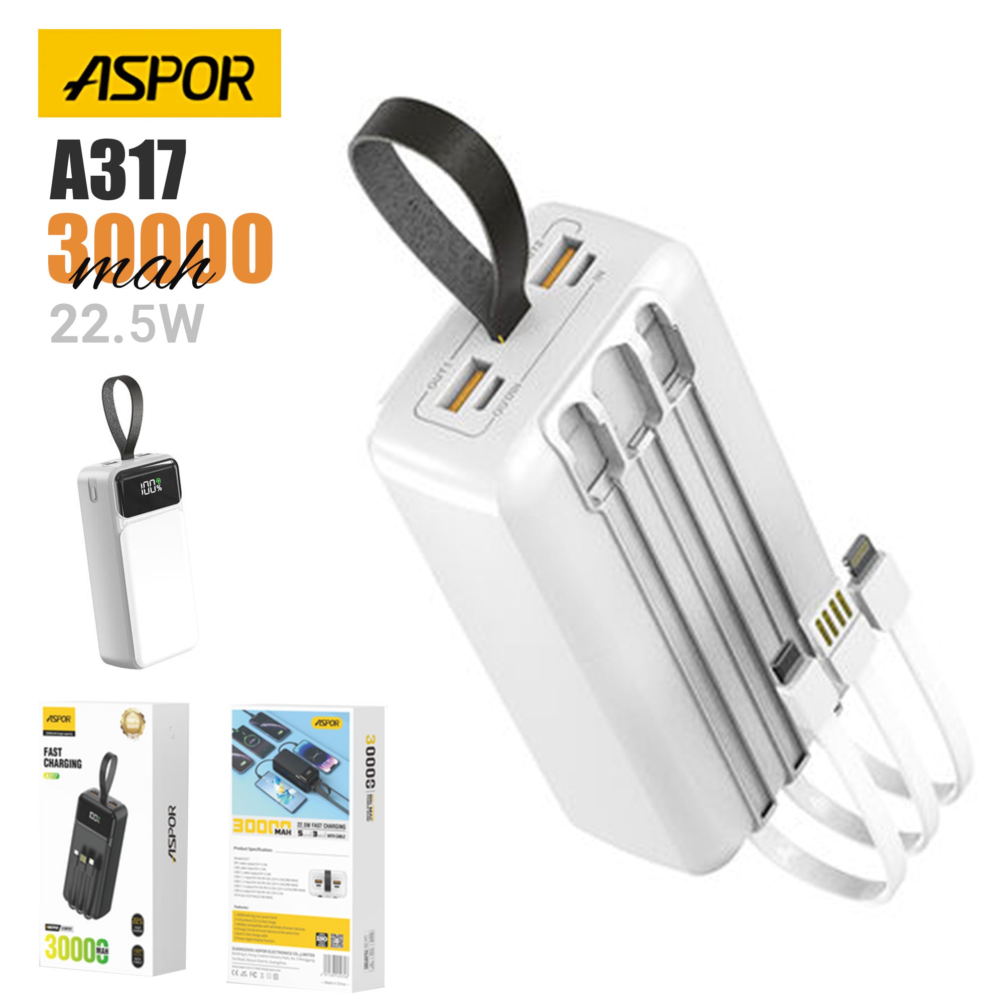 ASPOR A317 22.5W 30000MAH FAST CHARGING POWER BANK WITH 3 CABLES WHITE ...