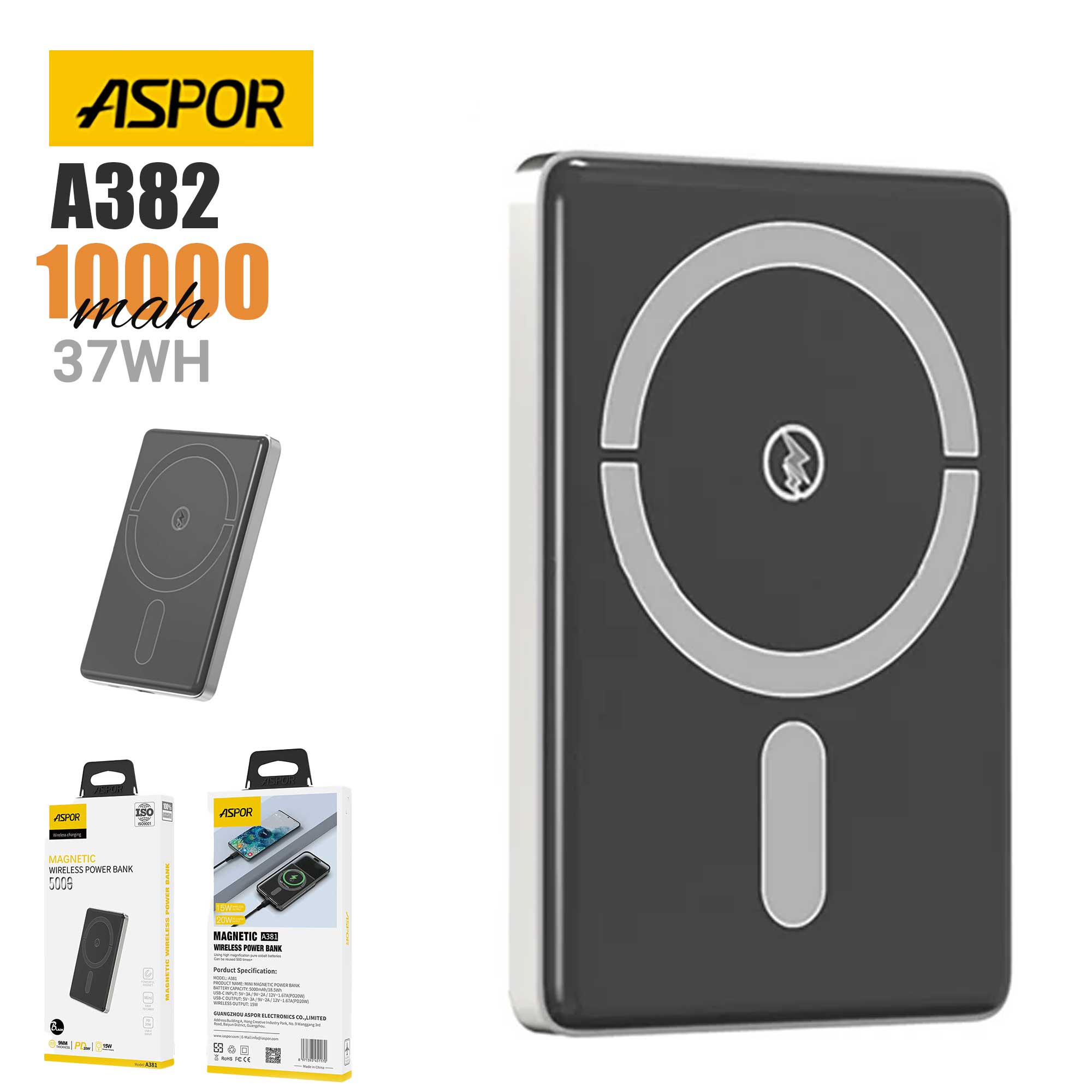 ASPOR A382 WIRELESS MAGNETIC PORTABLE MINI 10000MAH, 37WH WIRELESS POWER BANK.