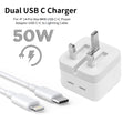 IPHONE 14 Pro 3 Pin (UK PIN) 50W USB-C+C POWER Adapter With USB-C TO LIGHTINING CABLE.