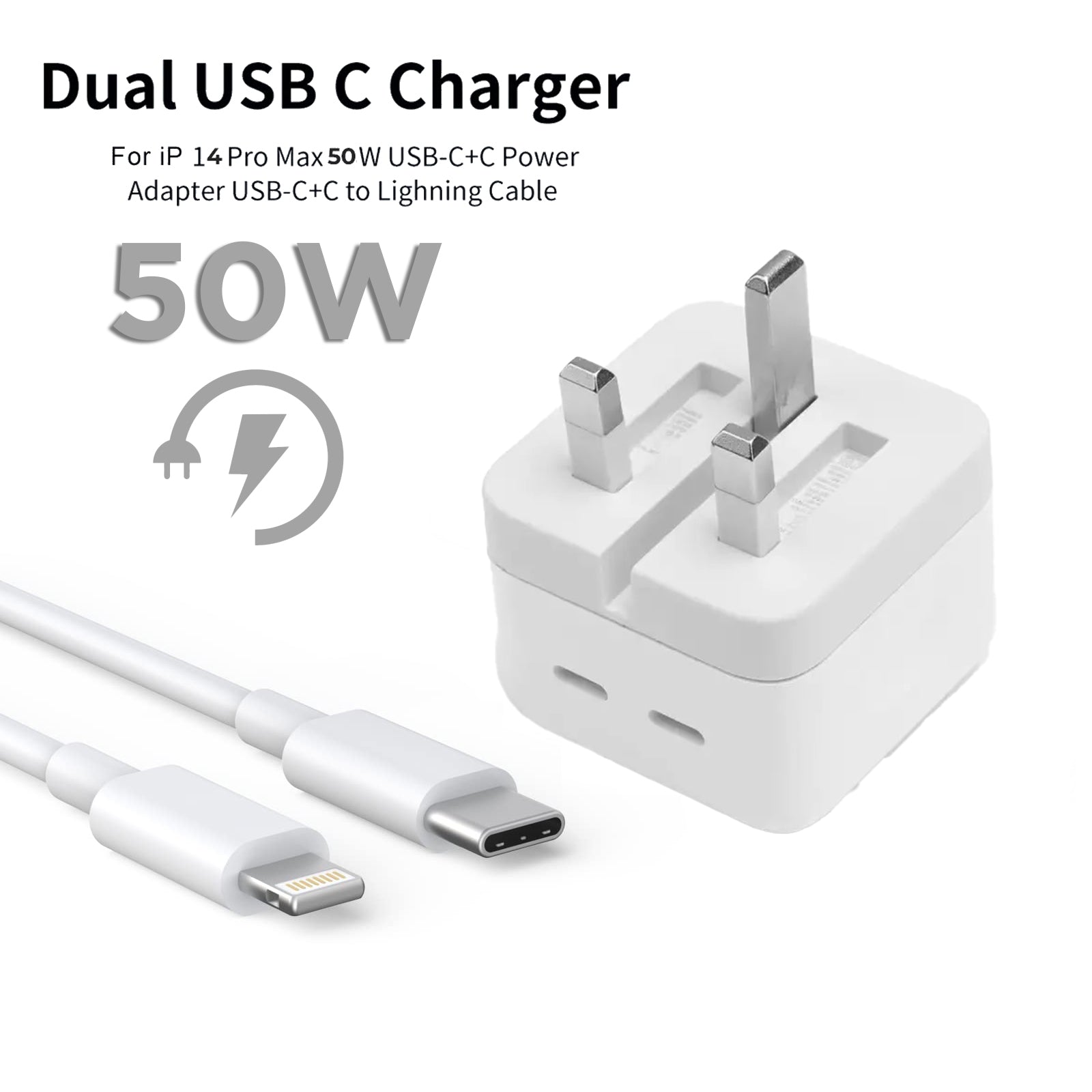 IPHONE 14 Pro 3 Pin (UK PIN) 50W USB-C+C POWER Adapter With USB-C TO LIGHTINING CABLE.