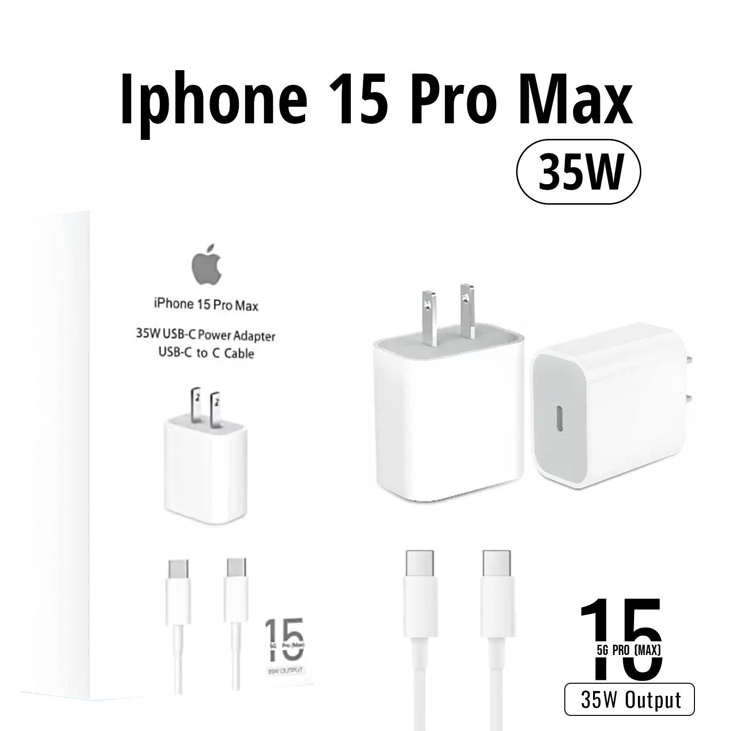 IPHONE 15 PRO MAX 2 PIN (US PIN) 35W USB-C POWER ADAPTER WITH USB-C TO C CABLE.