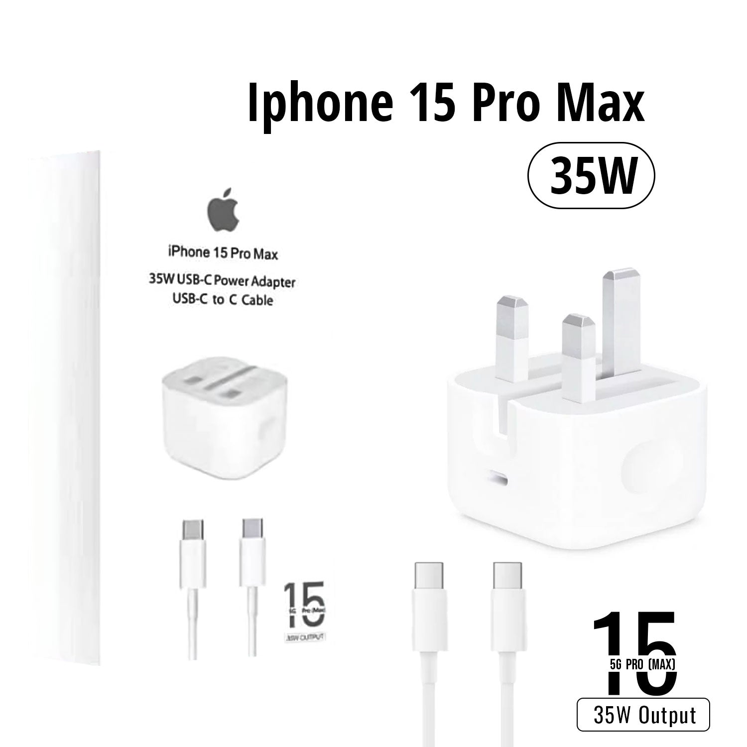 IPHONE 15 PRO MAX 3 PIN (UK PIN) 35W USB-C POWER ADAPTER WITH USB-C TO C CABLE.