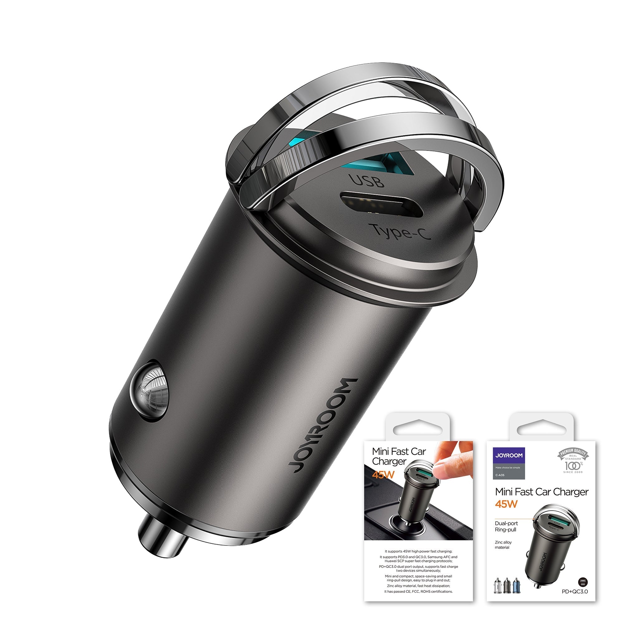 JOYROOM C-A35 45W Mini Dual-port PD+QC 3.0 Ring-pull Fast Car Charger.