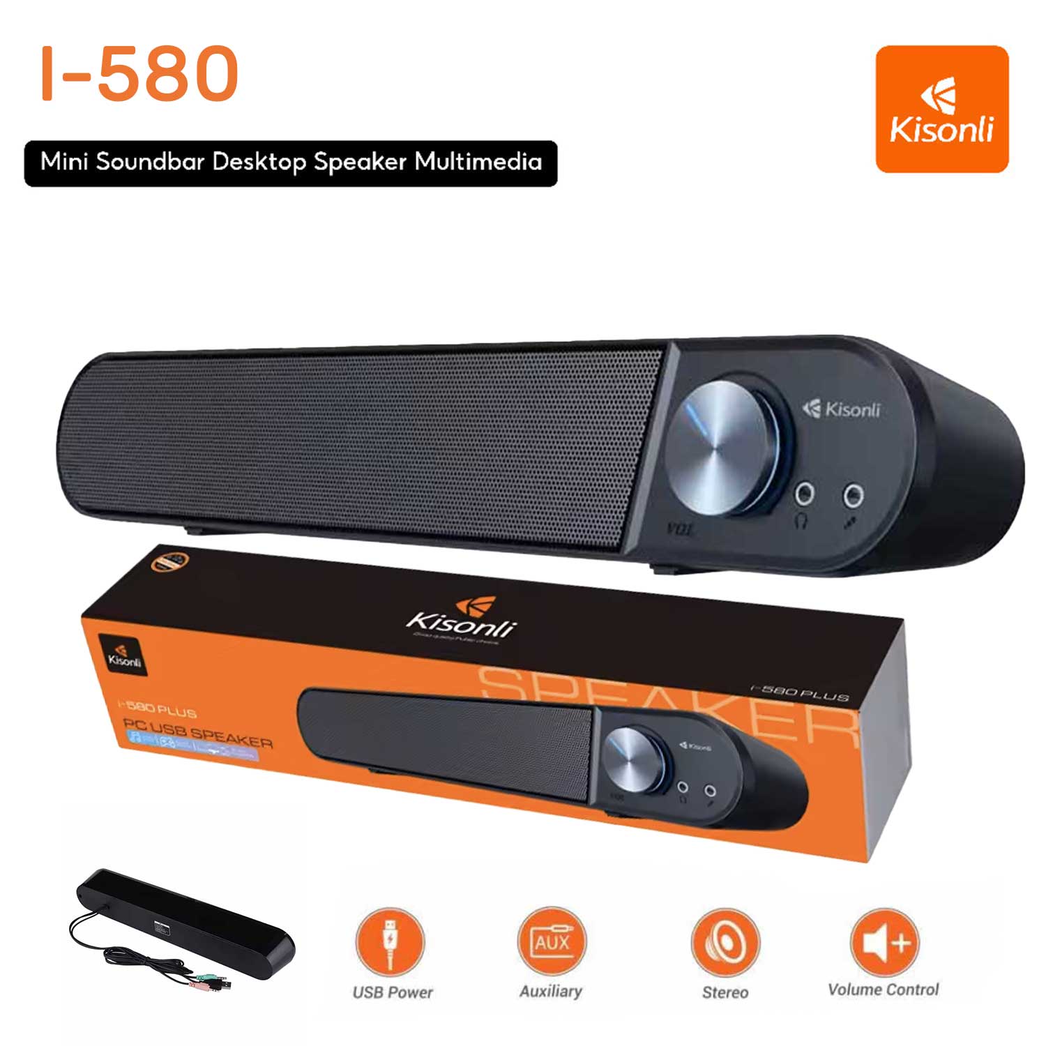 KISONLI I-580 PLUS HOME THEATER USB SOUNDBAR SPEAKER SYSTEM WITH HEADSET AND MICROPHONE JACK.