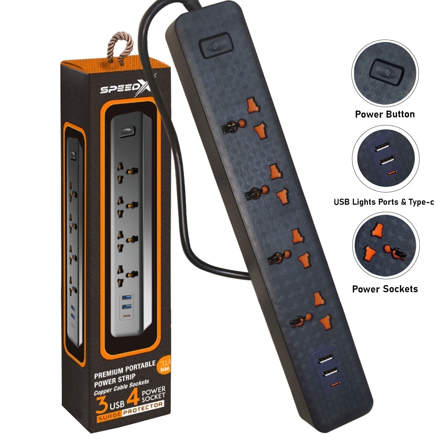 New 403puc Speed-X Premium Portable Power Strip 4socket+2usb+1type-C Port.