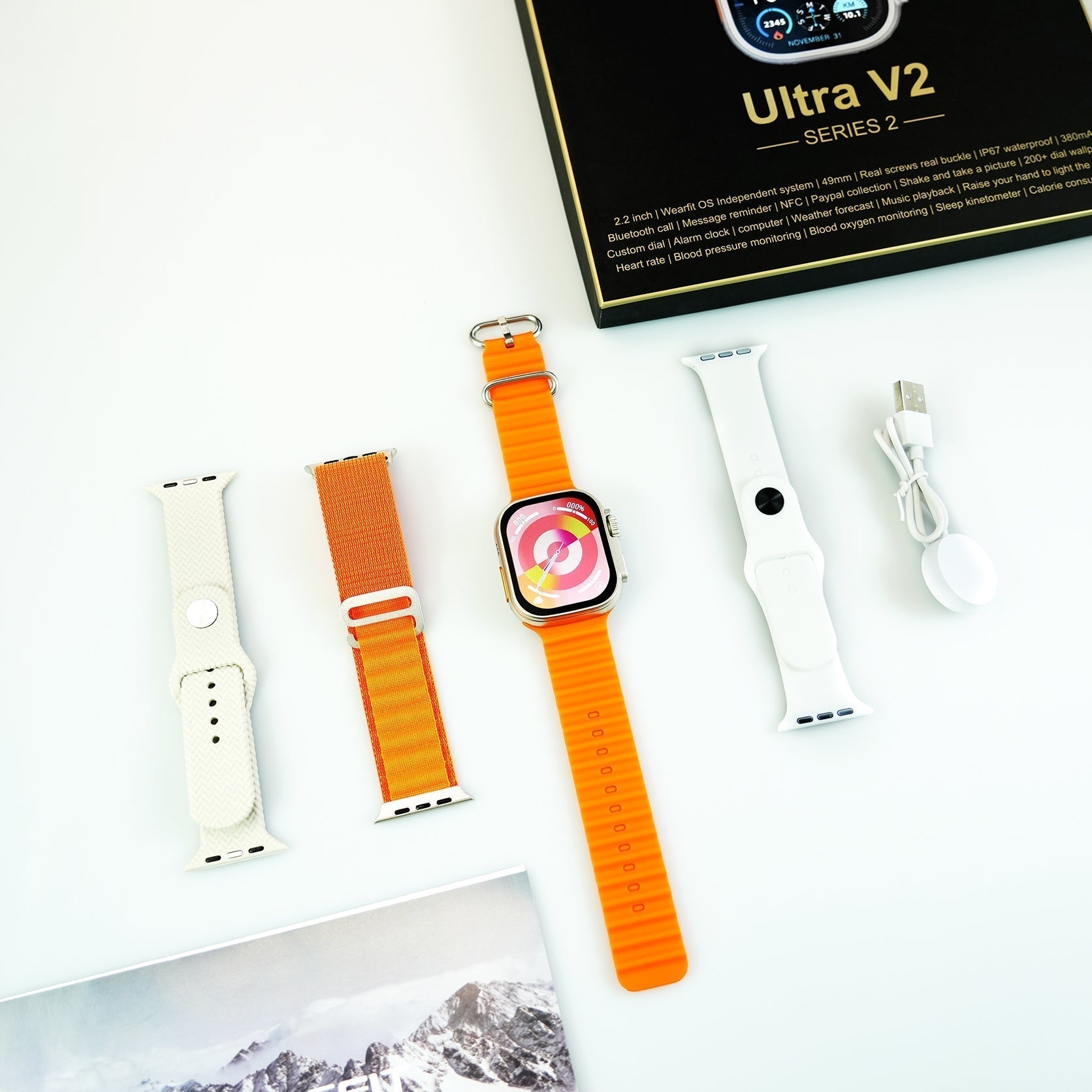 ULTRA V2 NEW FASHION 2.2 LARGE SCREEN WITH 4 STRAPS SMART WATCH WITH WearFit Pro APP ORANGE.